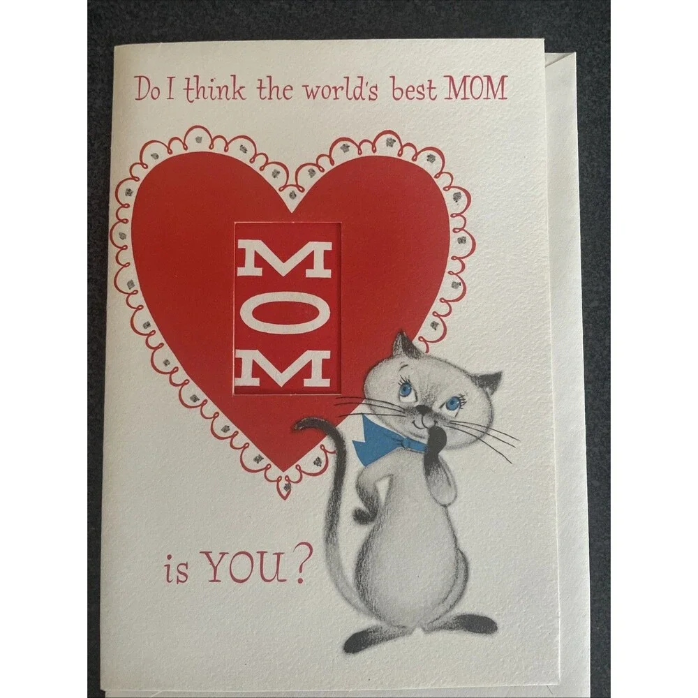 Vintage Volland Anthropomorphic Worlds Best Mom Valentine Greeting Card Cat